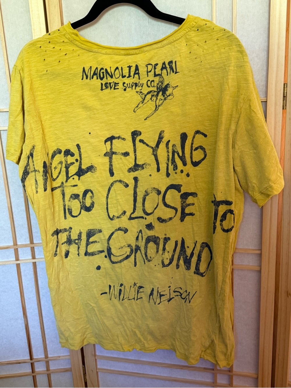 Magnolia Pearl Yellow Short-Sleeve Willie Nelson Tee with Pink Heart and Cherubs - Picture 6 of 6